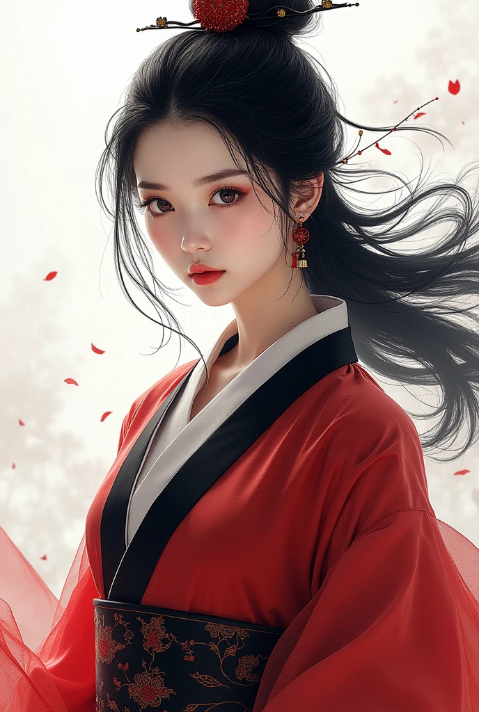 1 girl, woman, handsome, ink, Chinese armor, ((2.5D)), black hair, floating hair, delicate eyes, black and red antique damask Hanfu, fov, (f1.8), (masterpiece), (portrait shot), front shot, white background, (movie poster)
