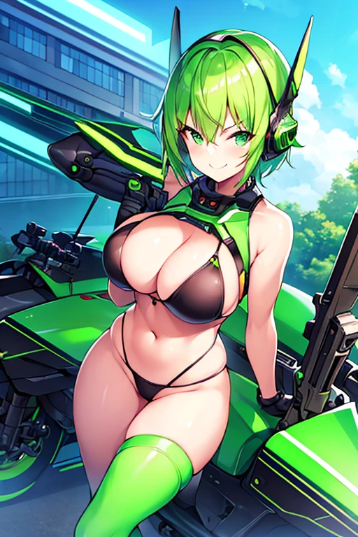 1girl, large breasts, breasts, wide hips, green hair, highleg bikini, bikini, black bikini, smirk, smile, machinery, futuristic, science-fiction, tech, neon trim, machinery, short hair, headset, helmet, head-mounted device, mind control, hypnosis, covered eyes