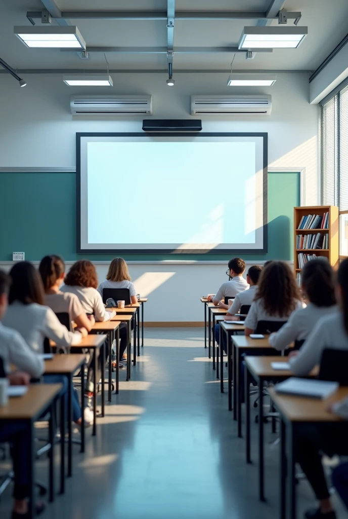 I want a spacious classroom with a whiteboard, air conditioning, windows with blinds, with TV on top of the whiteboard and bookcase. 