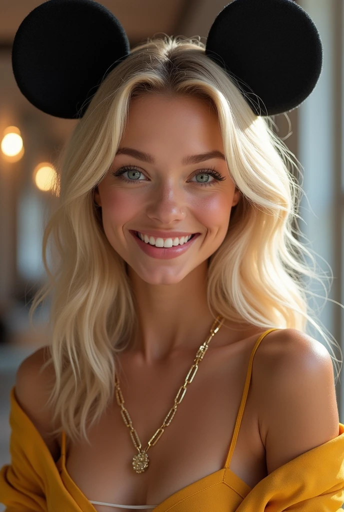 Créer une image très réaliste d’une femme blonde avec des oreilles de Mickey et une tenue chic. Les traits de son visage doivent être très détaillés et naturels, donnant l’impression qu’elle est une vraie personne. Elle pose pour une photo Instagram avec un sourire joyeux, et l’éclairage doit accentuer la texture de sa peau et les détails de sa tenue. L’ensemble doit sembler à la fois authentique et captivant.”