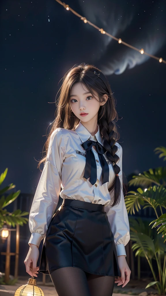 ulzzang-6500-v1.1, (RAW photo: 1.2), (Real photo), (Real photo: 1.4), 1 girl、Perfect anatomy、20 years old、Looking at the camera、Medium length hair、side braids, uniform short skirt, in a surreal royal garden, with many hanging lanterns, under the starry night sky, ((starry night: 1.1))、(Surreal tights: 1.2), (Business service)、Asian eyes Ella,