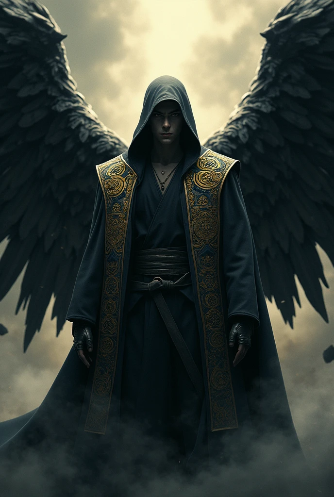 Madara Uchiha warrior with scriptures on his golden wings and a dark aura and a hood