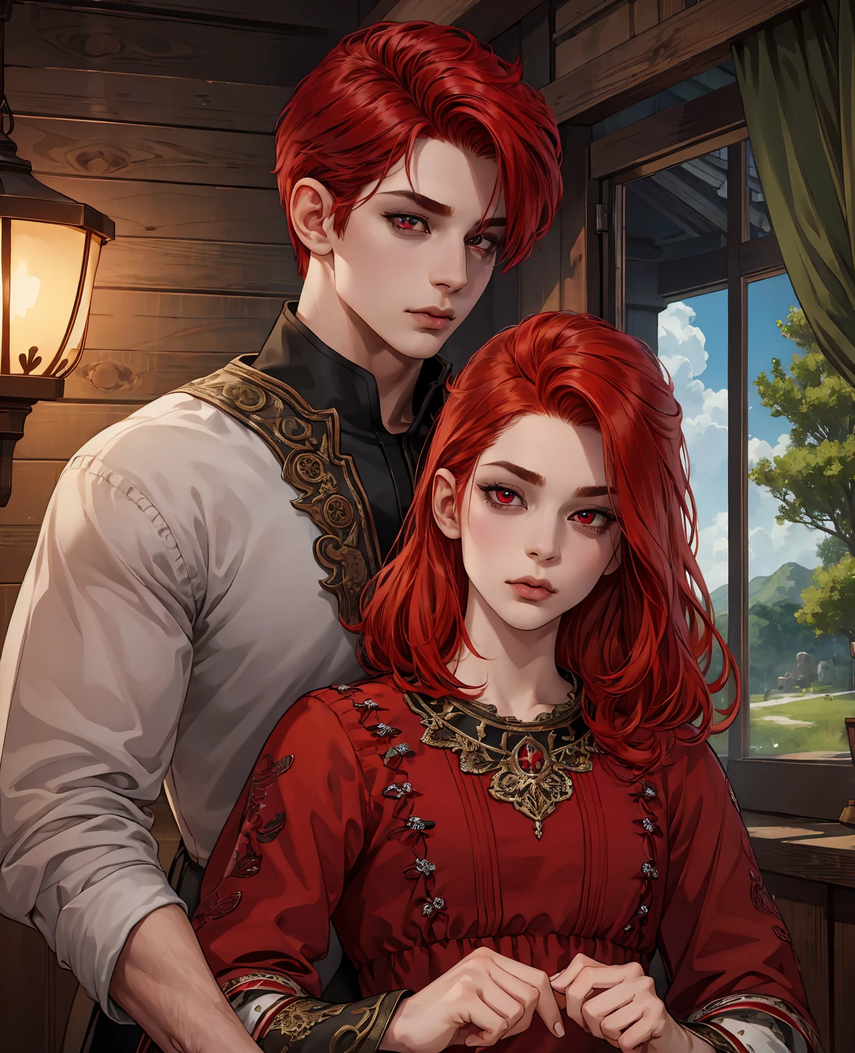 A young man with red hair and red eyes, wearing normal villager clothes, detailed facial features, beautiful detailed eyes, beautiful detailed lips, extremely detailed face, longeyelashes, intricate details, photorealistic, 8k, highres, best quality, masterpiece, realistic, vivid colors, dramatic lighting, fantasy art