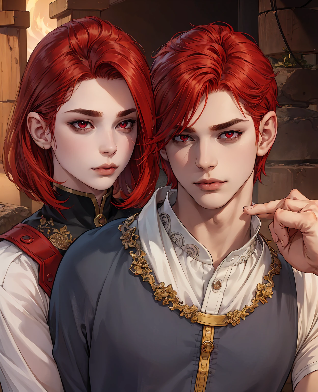 A young man with red hair and red eyes, wearing normal villager clothes, detailed facial features, beautiful detailed eyes, beautiful detailed lips, extremely detailed face, longeyelashes, intricate details, photorealistic, 8k, highres, best quality, masterpiece, realistic, vivid colors, dramatic lighting, fantasy art