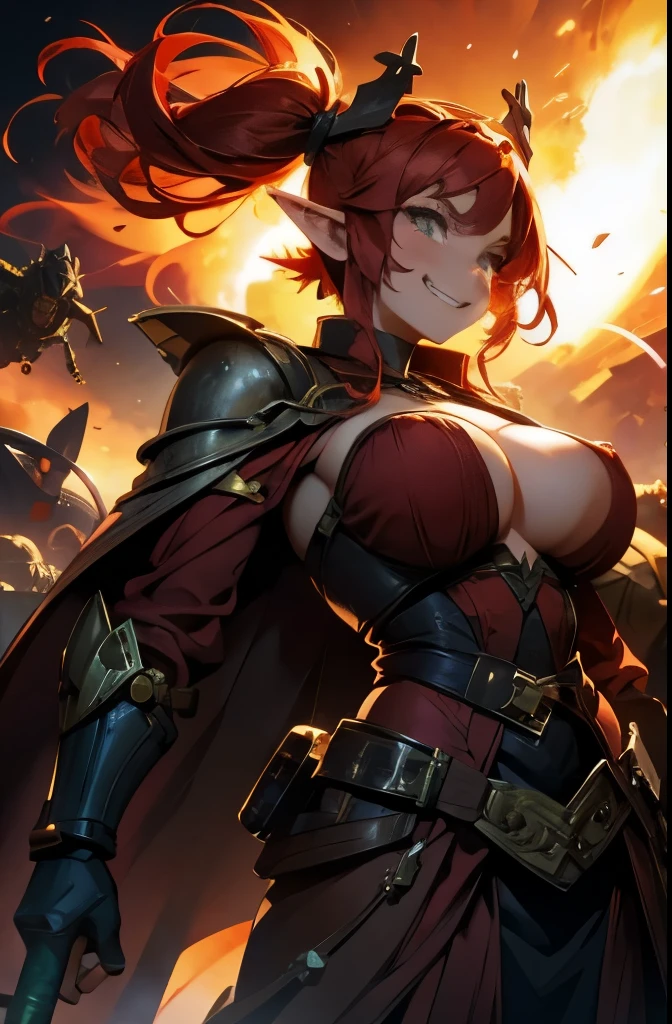 red haired elf, big boobs, artificer, holding a canon, explosions, little robot lizzard, toothy grin, robots, pigtails, energetic, western fantasy, dark clothes