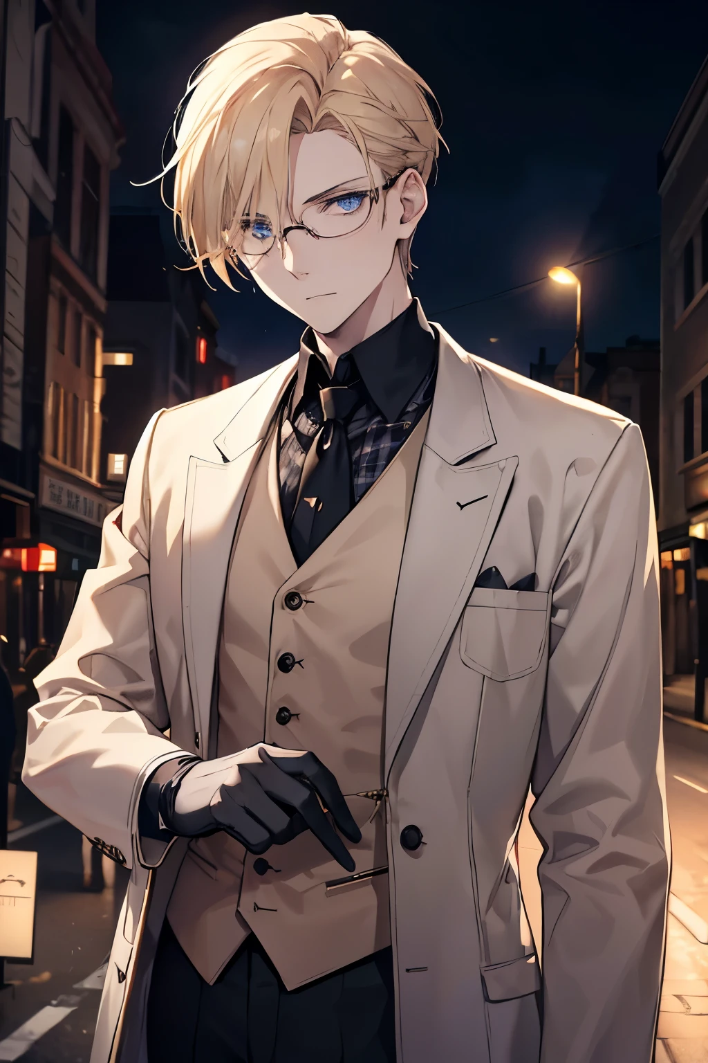 a vampire, A tall man, Wheat-colored hair, Hairstyle Undercut, Blue eyes, pale skin, dressed in a medical gown, beige plaid vest, He wears black gloves on his hands, glasses on the eyes, in the background are the streets of a night city