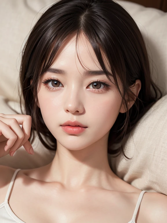 (sleeping on my back:1.3), (anatomically correct fingers:1.3), masterpiece、(professional portrait、professional writing)、Detailed workmanship、high resolution、(8K, High resolution:1.2)、(RAW, photorealistic:1.3)、highest quality, slender body shape、high definition face、Face is in focus、high definition eyes、(Focused, symmetrical pupils:1.2)、High-definition and beautiful skin、firm skin、natural makeup、gross lip, High-definition hair texture、(I'm hiding my chest with my arm:1.3) break (nursing clothes、nurse uniform:1.3) BREAK Japanese women、17 years old、very cute, sexy face, (very embarrassed:1.3), (blush:1.3), (A face that looks like it's about to cry:1.3)、Staring at the camera:1.2、(color々Easy shooting angle:1.3)、medium breast, nsfw, cleavage,