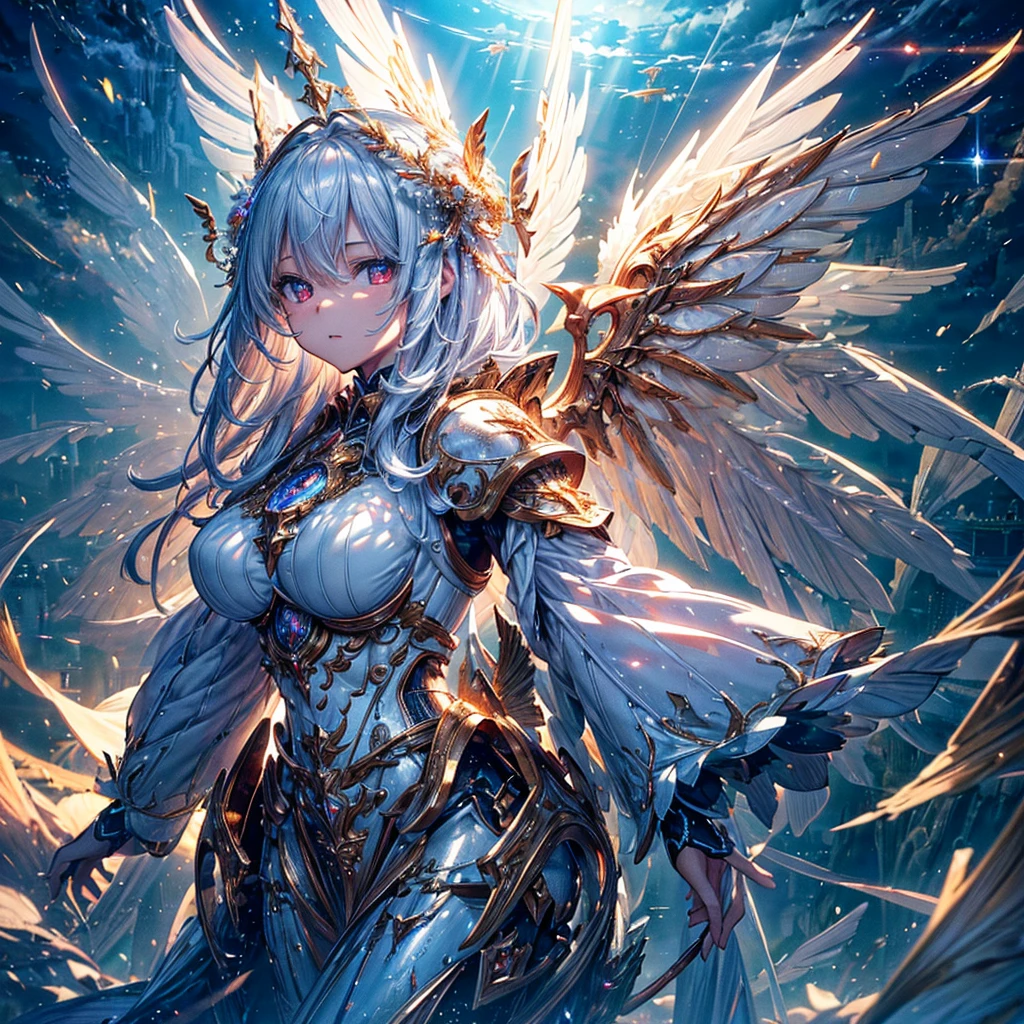 masterpiece, 8K wallpaper incorporating highly detailed CG, 8K Ultra HD, Digital SLR, high quality, clean, ((A goddess in white mechanical armor with large wings, godly aura, magic, fly in the sky)), Glowing Eyes, Cinema Lighting, 超High resolution, 超High resolution, High resolution,Huge golden halo