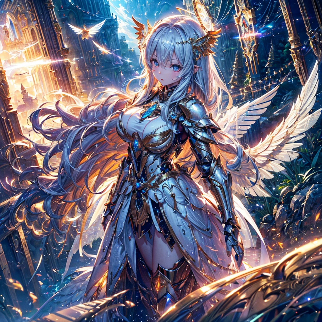 masterpiece, 8K wallpaper incorporating highly detailed CG, 8K Ultra HD, Digital SLR, high quality, clean, ((A goddess in white mechanical armor with large wings, godly aura, magic, fly in the sky)), Glowing Eyes, Cinema Lighting, 超High resolution, 超High resolution, High resolution,Huge golden halo