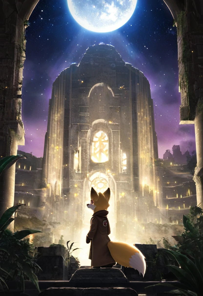 masterpiece, best quality, 4K,Ultra-delicate, Shota the fox, solo, Skin fur, Golden fur, Golden yellow face fur, Red eyes, Brown elements on fur, Brown coat brown hood up, Beautiful lights and shadows, Ambient light, Ultra-fine fur, natural lighting, Fluffy tail, Dilapidated building, Plant elements in ruins, Night, starry sky, Shiny hair(moon full, meteors)Star cloud, Warm light source, Rained, wet clothes(overcast sky, Standing downpour)Extra-long sleeves, Purple and orange, Complicated details, Volumetric lighting, Dynamic configuration, luminous lighting, Atmospheric lighting, dream magical, magic, Glowing light,