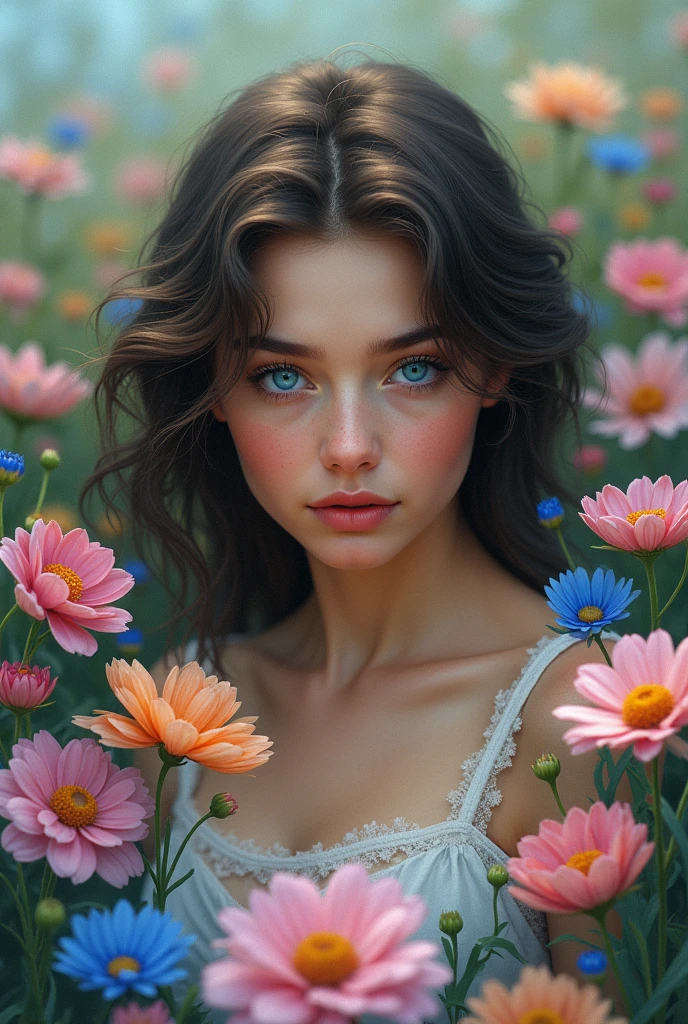 Taina Costa with blue eyes in a sea of flowers