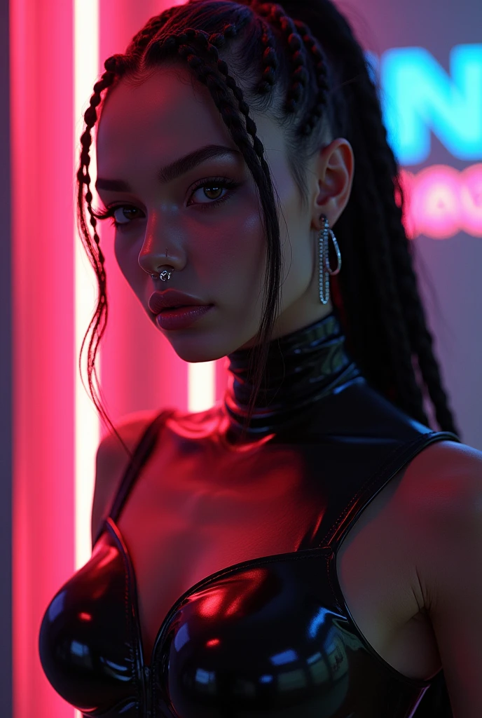 mixed race man, feminine looking man, no breats, young, naked, braided hair, septum piercing, dimples, dominant expression, black latex bodysuit, neon lights, close-up, UHD, retina, masterpiece, accurate, anatomically correct, textured skin, super detail, high details, high quality, award winning, best quality, highres
