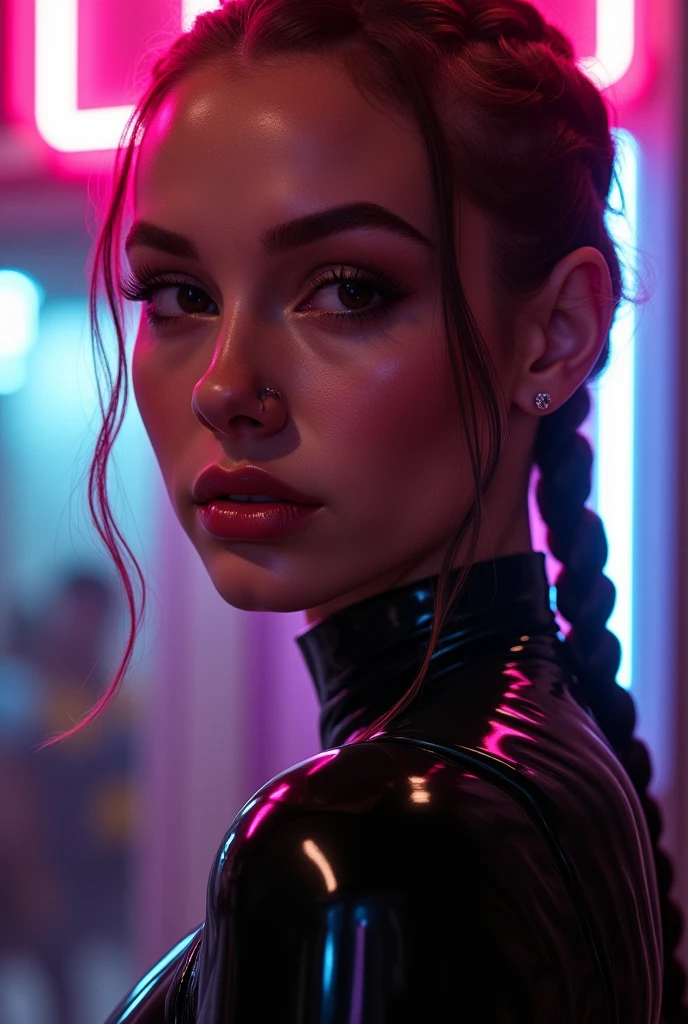 mixed race man, feminine looking man, no breats, young, naked, braided hair, septum piercing, dimples, dominant expression, black latex bodysuit, neon lights, close-up, UHD, retina, masterpiece, accurate, anatomically correct, textured skin, super detail, high details, high quality, award winning, best quality, highres
