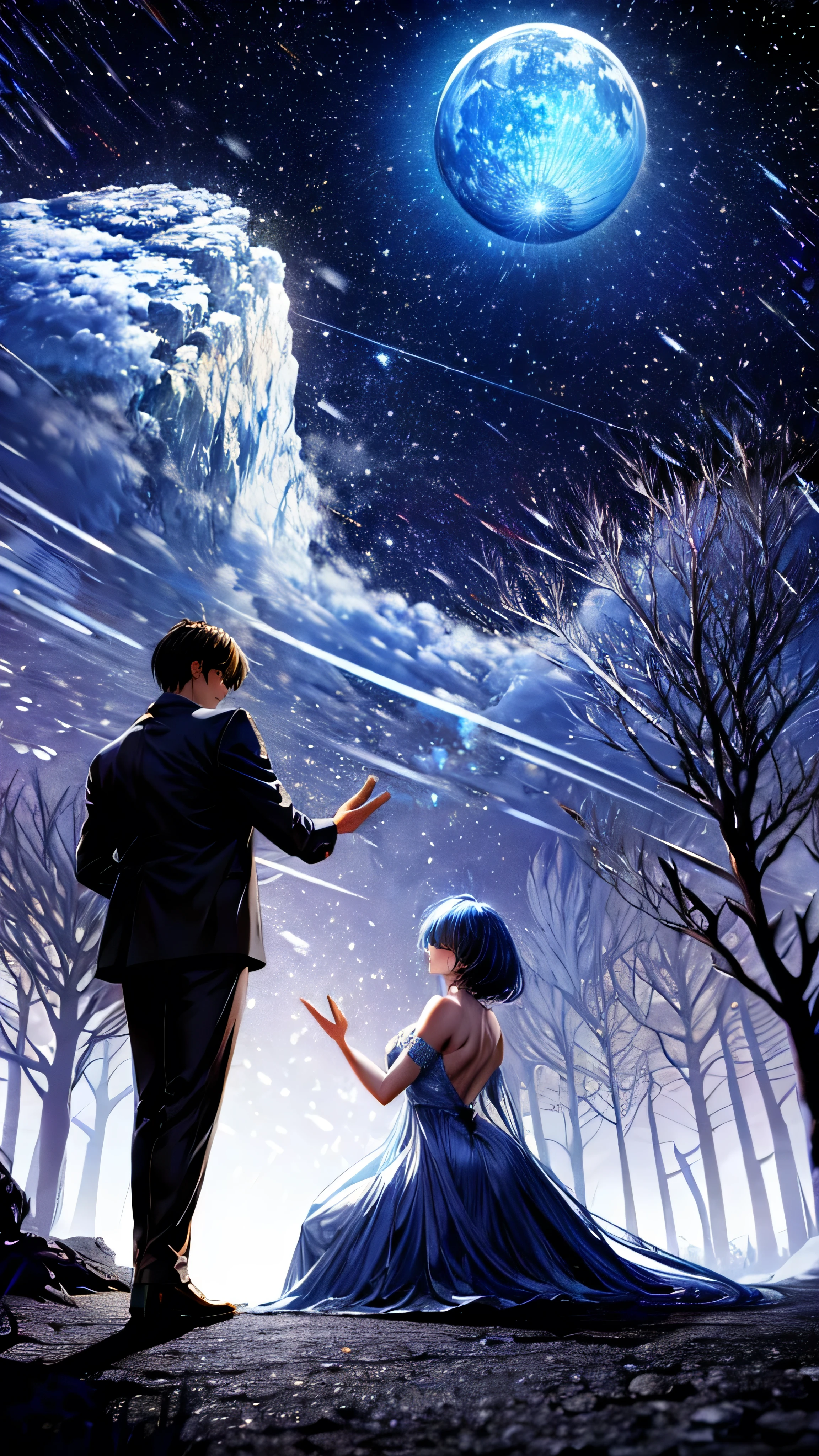 From below, Huge full moon, Big tree, Woman receiving a proposal, I listen shyly, A man kneeling in front of his girlfriend to confess his feelings, Man's back, Beautiful moonlight, Shading Effects, Gradient Magic Effect, Glitter effect, (Super detailed, The absolute solution, Highest quality:1.3), 2.5D, delicate and dynamic, Artistic photography, Ultra-realistic