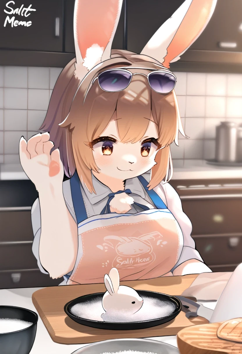 ((Masterpiece)), ((Best Quality)), (Very Detailed), ((Very Detailed)), 4K, (8K), very aesthetic, absurdres highres, 1 girl, (anthropomorphic Rabbit, furry, kemono:1.5), SaltBaeMeme, salt, sunglasses kitchen, apron, food