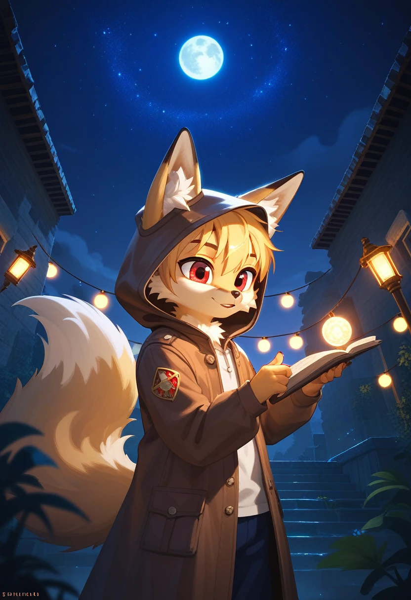 masterpiece, best quality, 4K,Ultra-delicate, Shota the fox, solo, Skin fur, Golden fur, Golden yellow face fur, Red eyes, Brown elements on fur, Brown coat brown hood up, Beautiful lights and shadows, Ambient light, Ultra-fine fur, natural lighting, Fluffy tail, Dilapidated building, Plant elements in ruins, Night, starry sky, Shiny hair(moon full, meteors)Star cloud, Warm light source, Rained, wet clothes(overcast sky, Standing downpour)Extra-long sleeves, Purple and orange, Complicated details, Volumetric lighting, Dynamic configuration, luminous lighting, Atmospheric lighting, dream magical, magic, Glowing light,