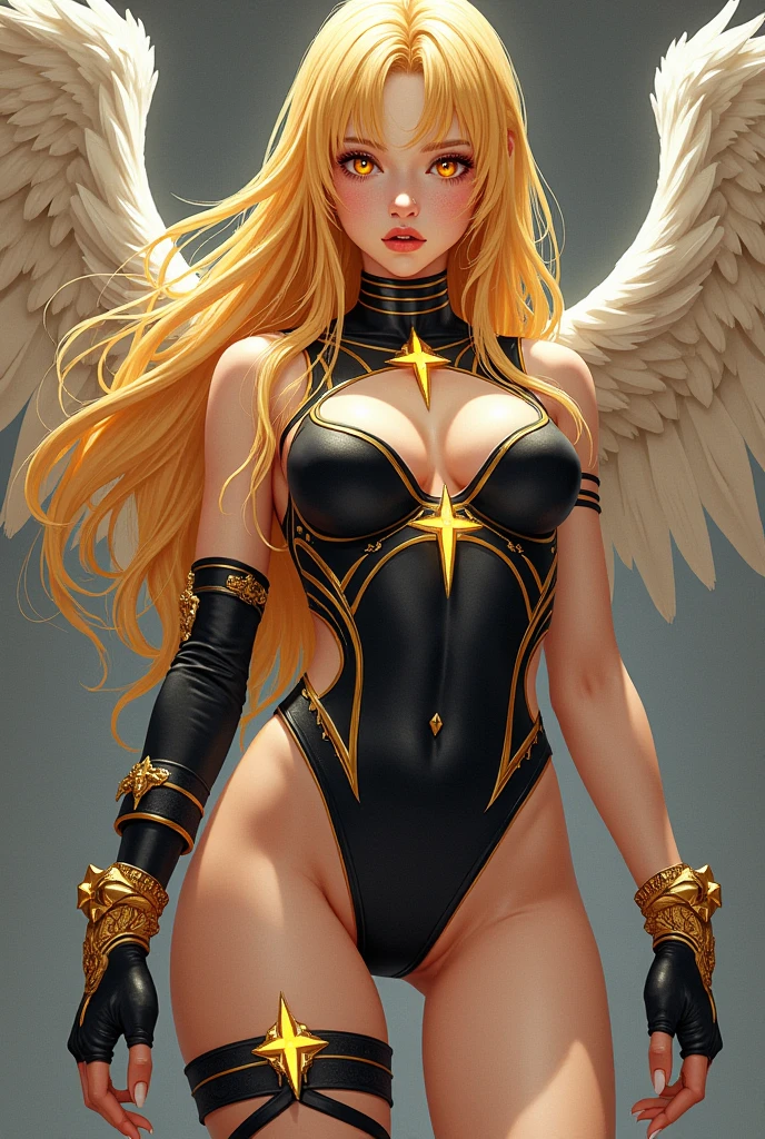Make pictures for me: manga panel, a young angel with long golden-blonde hair and orange eyes with yellow crosses in the middle of them wearing an ornate ebony bodysuit with gold details and a cutout-style chest design. A golden diamond is centered on the lower sternum, with two gold stripes running down below the chest cutout. The stripes continue downwards until they join the hip decorations.. Along the hips are ornate golden stripes, adorned with three belts that wrap around their tendons. On the feet, she wears high heels with gold-rimmed collars. Dark bracers covered in gold ornamentation protect your hands