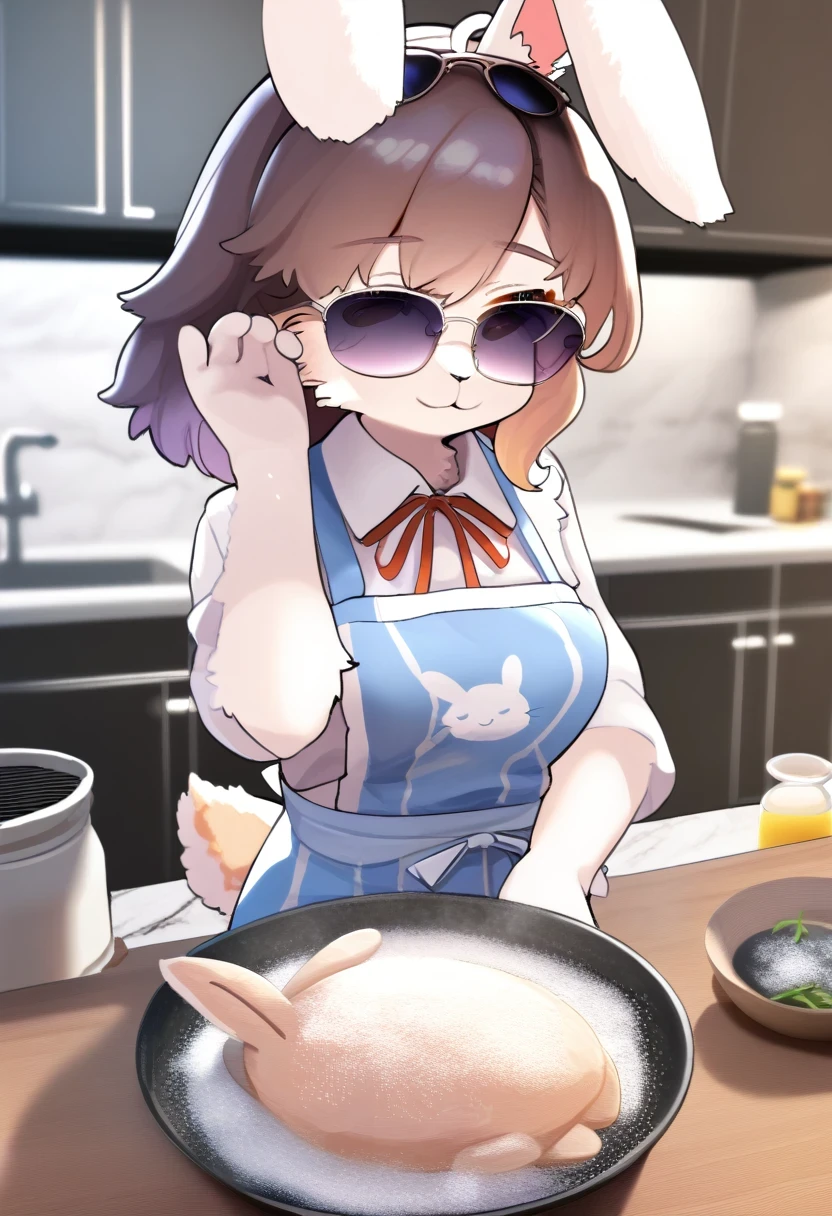 ((Masterpiece)), ((Best Quality)), (Very Detailed), ((Very Detailed)), 4K, (8K), very aesthetic, absurdres highres, 1 girl, (anthropomorphic Rabbit, furry, kemono:1.5), SaltBaeMeme, salt, sunglasses kitchen, apron, food