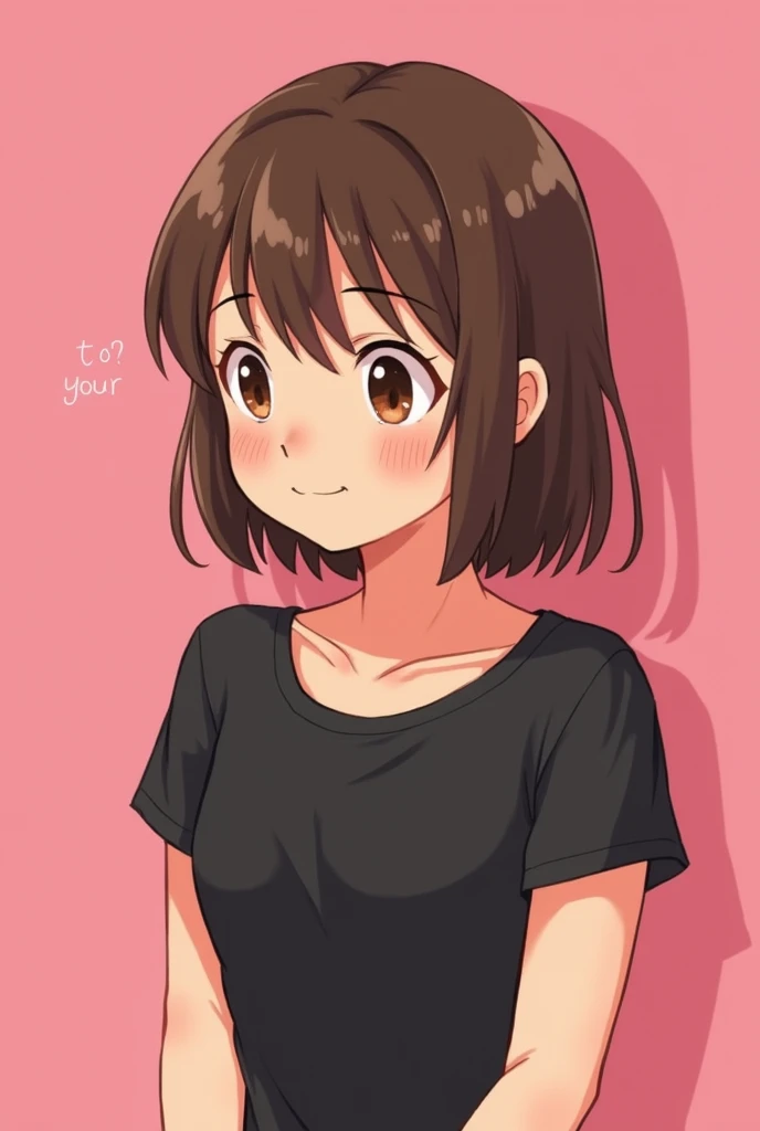   cartoon with straight brown hair and brown eyes,pondering ,with black short sleeve top with pink background.