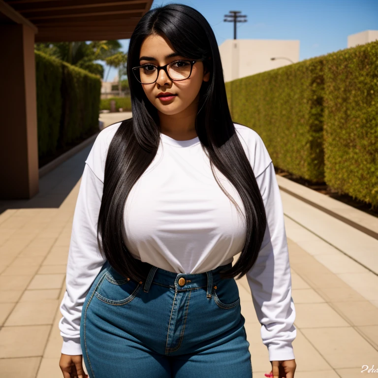 beautiful detailed, cute face, short, mexican teen, slightly chubby, medium black hair, black hair over one eye, glasses, long sleeve T-shirt, long pants, pearshaped wide hips, solo, voluptuous breasts,