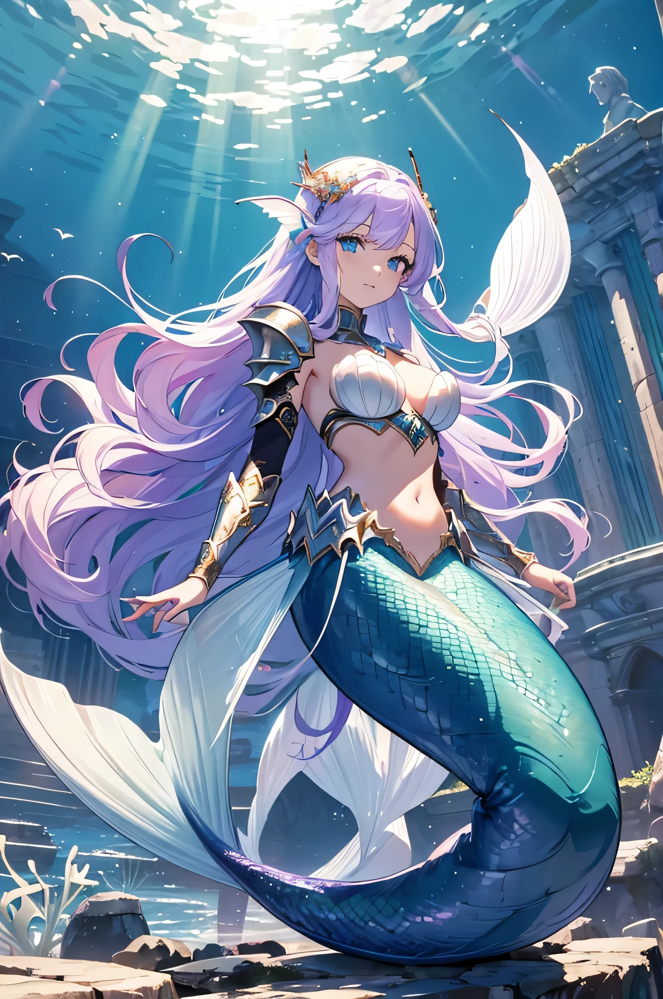 4K,High resolution,One Woman,Mermaid,White purple hair,long hair,Blue Eyes,,Green scales,The Little Mermaid,Princess Knight,White knight armor,Full Armor,Jewelry decoration,Pearl decoration,Long sword,In the sea,In the water,underwater temple