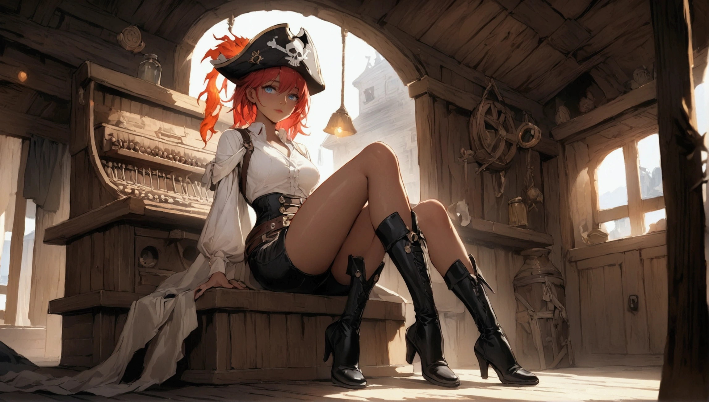 (Masterpiece. The best quality. 8K. Sharp focus. Depth of field, The best shadows. Perfect lighting. HDR. Realistic skin texture. Ultra-detailed background. Detailing). Anime style. Honkai: Star Rail. March 7. 1 girl. Fiery red hair, short hair. Azure blue eyes, beautiful eyes, beautiful eyes, expressive eyes. Beautiful nose, perfect facial features. Perfect anatomical body, slender figure, second size breasts, beautiful breasts, thin waist, rounded hips, beautiful long legs. Pirate hat, white blouse, pirate pants, Uniform cloak, shoulder straps with the Jolly Roger, knee-high boots, wide belt at the waist. Plays the organ. Captain's cabin. Sits full-length. With his back to the viewer. Concept art. Looks at the viewer. Full-length. Full body.