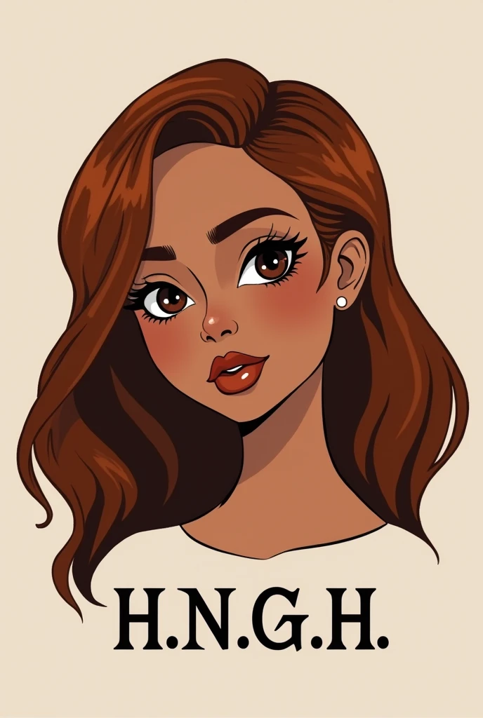 A logo of a 19 year old redhead brunette girl, pretty eyebrows, straight teeth, thinner lips, long nails, brown skin, dark black eyes,with black eyeliner, not so thin but not fat either, long hair with initials below, estas iniciales h.n.g.h.