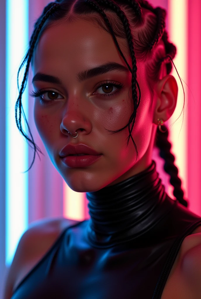 mixed race man, feminine looking man, no breasts, young, naked, braided hair, septum piercing, dimples, dominant expression, black latex bodysuit, neon lights, close-up, UHD, retina, masterpiece, accurate, anatomically correct, textured skin, super detail, high details, high quality, award winning, best quality, highres