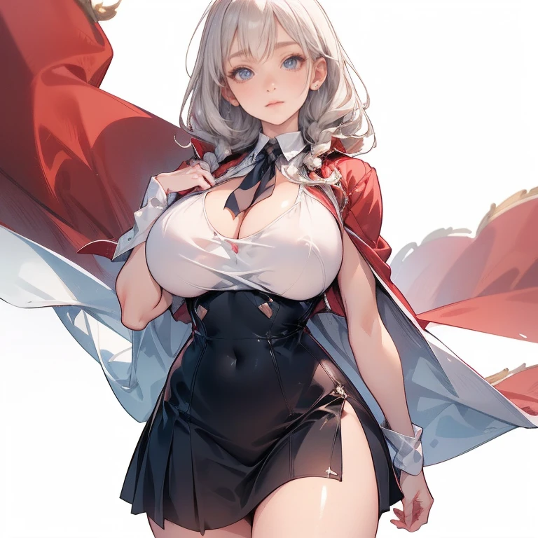 Anime Kawaii sexy Perfect Slim sensual body large breast and huge thighs, An intricate and highly detailed illustration of anime (Young girl) 1 girl, light hair, darker eyes, Solid eyes, blank stare, shorth hair, two braids, breasts big, school clothes, white collar, jaket, cape, overskirt, knee socks, no expression, no back ground, white background