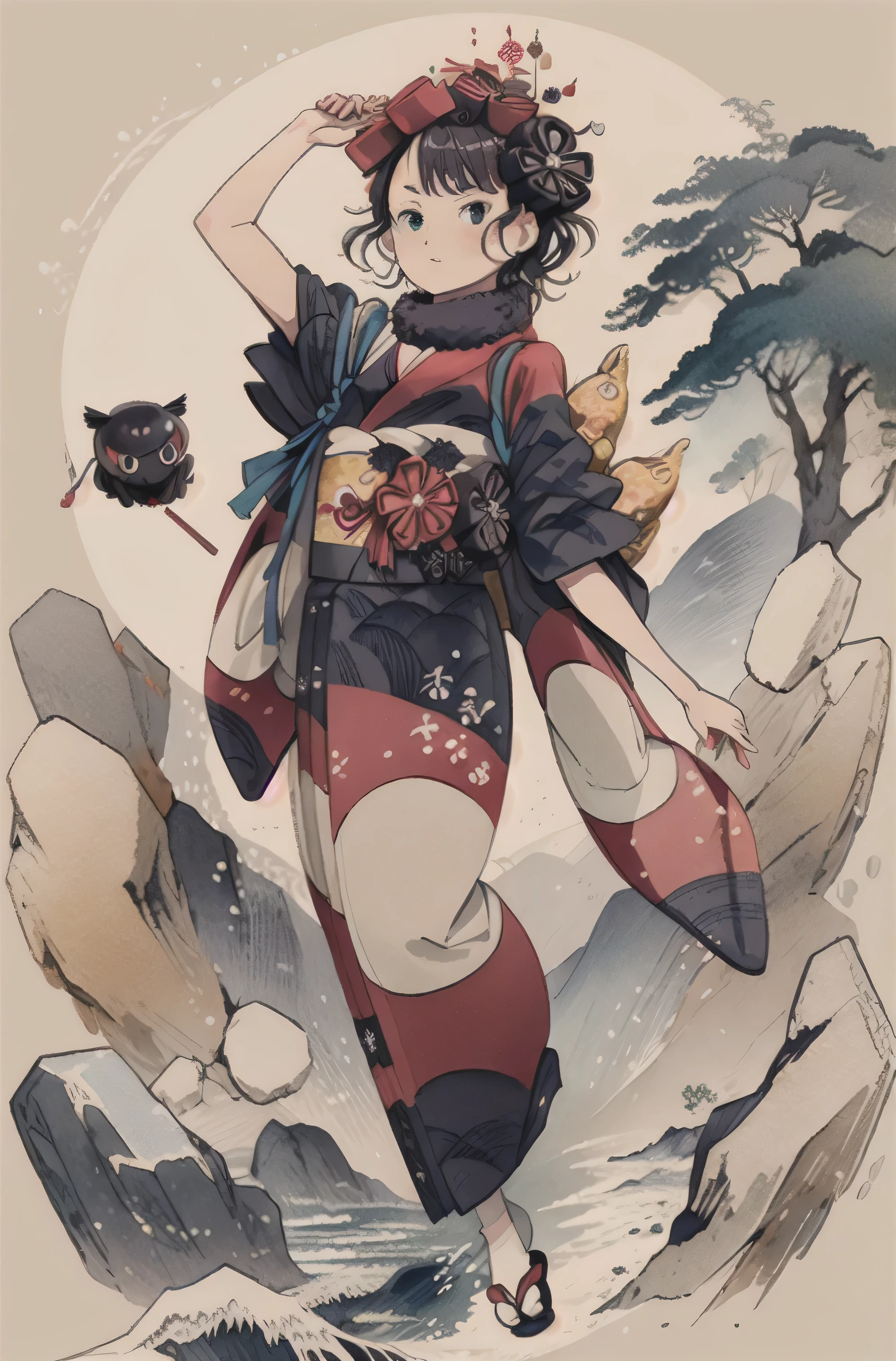 masterpiece,best quality,1girl,katsushika hokusai \(fate\),kimono,obi,hair flower,sandals,tabi,hair stick,fur collar,tokitarou \(fate\), cute ukiyo-e, 