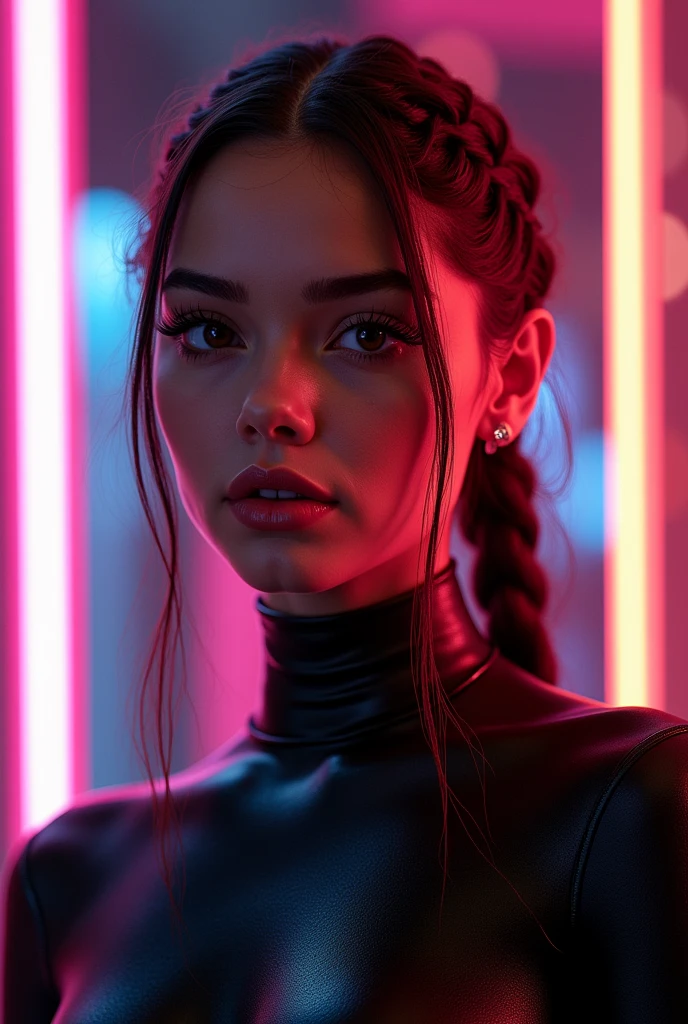 mixed race man, feminine looking man, no breasts, young, naked, braided hair, septum piercing, dimples, dominant expression, black latex bodysuit, neon lights, close-up, UHD, retina, masterpiece, accurate, anatomically correct, textured skin, super detail, high details, high quality, award winning, best quality, highres
