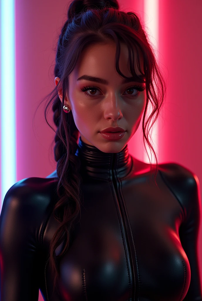 mixed race man, feminine looking man, no breasts, young, naked, braided hair, septum piercing, dimples, dominant expression, black latex bodysuit, neon lights, close-up, UHD, retina, masterpiece, accurate, anatomically correct, textured skin, super detail, high details, high quality, award winning, best quality, highres