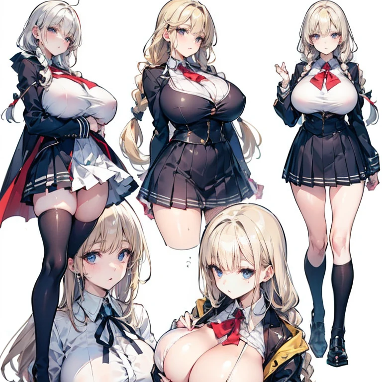 Anime Kawaii sexy Perfect Slim sensual body large breast and huge thighs, An intricate and highly detailed illustration of anime (Young girl) 1 girl, light hair, darker eyes, Solid eyes, blank stare, shorth hair, two braids, breasts big, school clothes, white collar, jaket, cape, overskirt, knee socks, no expression, no back ground, white background