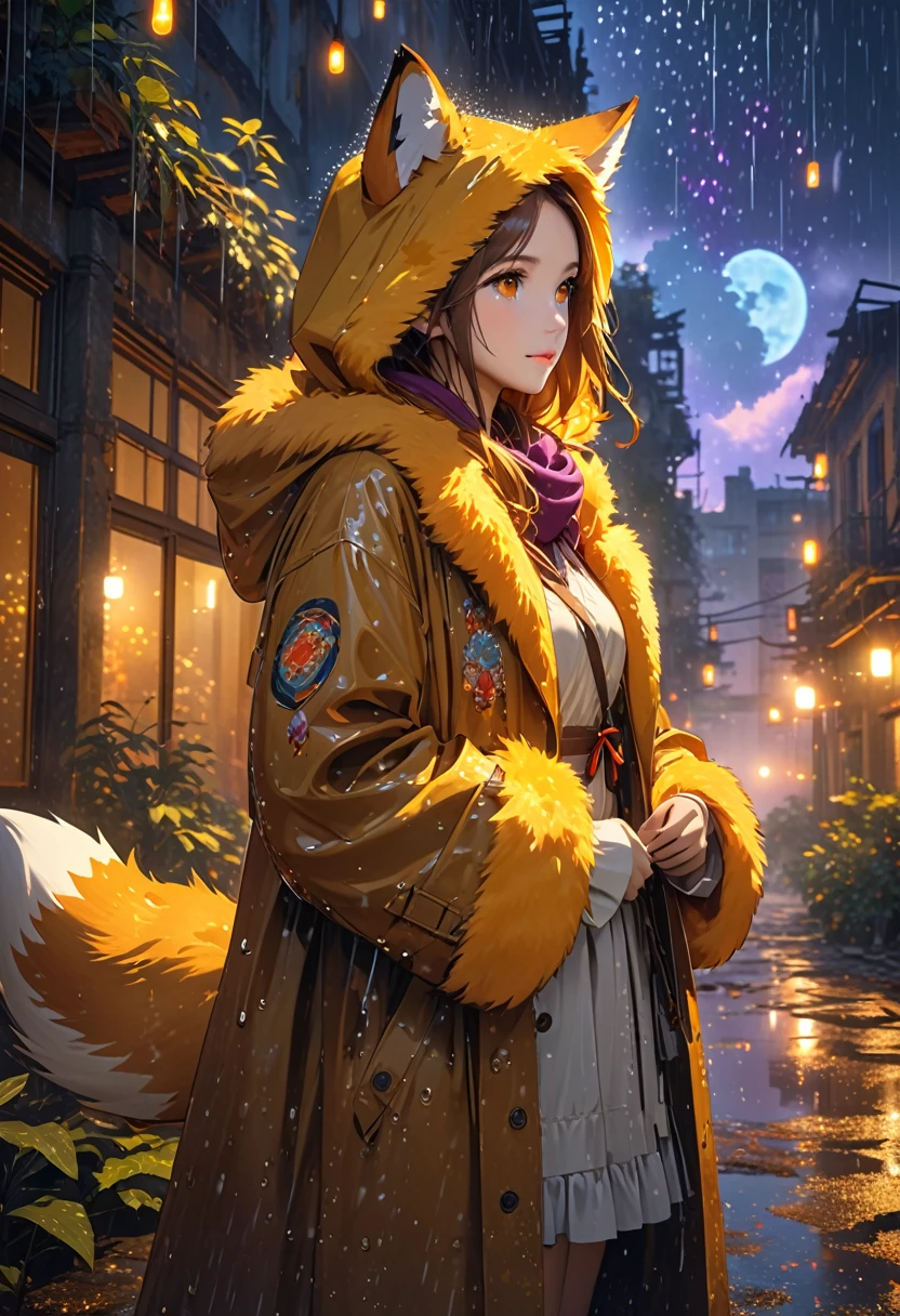 masterpiece, best quality, 4K,Ultra-delicate, Shota the fox, solo, Skin fur, Golden fur, Golden yellow face fur, Red eyes, Brown elements on fur, Brown coat brown hood up, Beautiful lights and shadows, Ambient light, Ultra-fine fur, natural lighting, Fluffy tail, Dilapidated building, Plant elements in ruins, Night, starry sky, Shiny hair(moon full, meteors)Star cloud, Warm light source, Rained, wet clothes(overcast sky, Standing downpour)Extra-long sleeves, Purple and orange, Complicated details, Volumetric lighting, Dynamic configuration, luminous lighting, Atmospheric lighting, dream magical, magic, Glowing light,