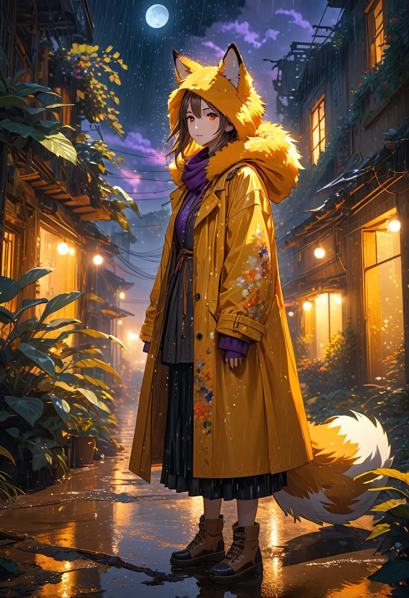 masterpiece, best quality, 4K，Ultra-delicate, Shota the fox, solo, Skin fur, Golden fur, Golden yellow face fur, Red eyes, Brown elements on fur, Brown coat brown hood up, Beautiful lights and shadows, Ambient light, Ultra-fine fur, natural  lighting, Fluffy tail, Dilapidated building, Plant elements in ruins, Night, starry sky, Shiny hair(moon full, meteors)Star cloud, Warm light source, Rained, wet clothes(overcast sky, Standing downpour)Extra-long sleeves, Purple and orange, Complicated details, Volumetric lighting, Dynamic configuration, luminous lighting, Atmospheric lighting, dream magical, magic, Glowing light,