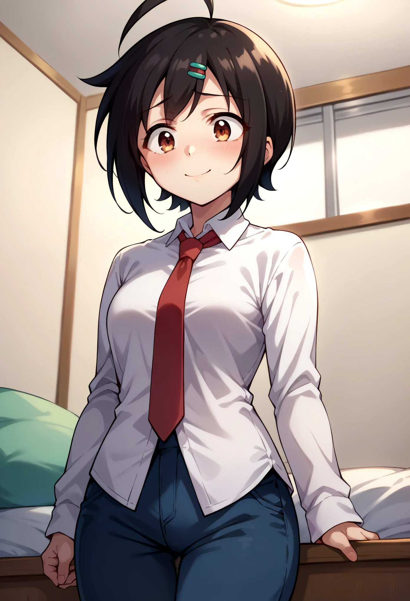 score_9, score_8_up, score_7_up, 1girl, solo, sakuTomo, black hair, short hair, ahoge, long sleeves, white shirt, untied red necktie, dark blue pants, standing, cowboy shot, nervous, smiling, looking down, bedroom,