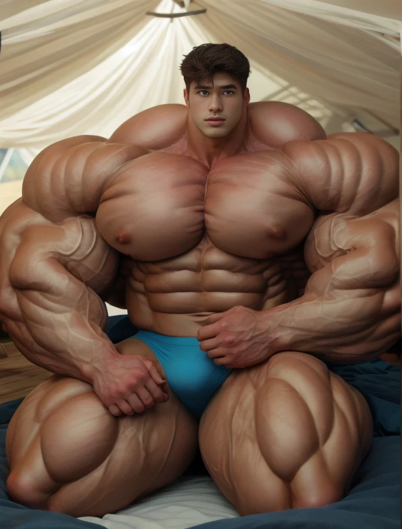 1boy, giant, asian, solo, giant bodybuilder, illuminating light, strong body, bulk, large size, sitting in any tent, indoor, nude, blue triangular underwear with enormous bulge, extraordinary big, brutalmass, giant muscular body, bulk, buff, massive body, large meaty body size, extremely wide body
