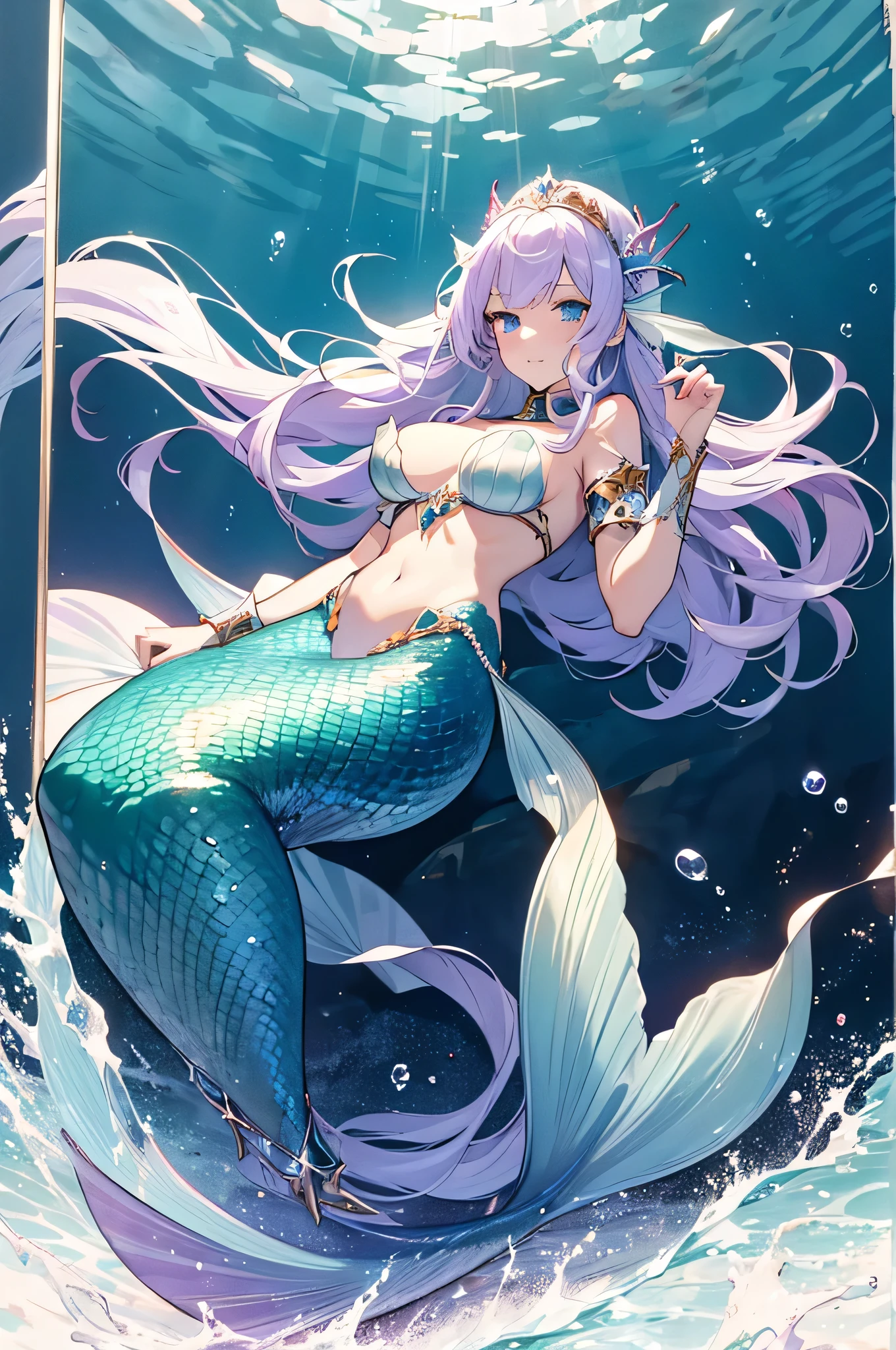 4K,High resolution,One Woman,Mermaid,White purple hair,long hair,Blue Eyes,Big Breasts,Green scales,The Little Mermaid,Princess Knight,White knight armor,Full Armor,Jewelry decoration,Pearl decoration,Long sword,In the sea,In the water,underwater temple