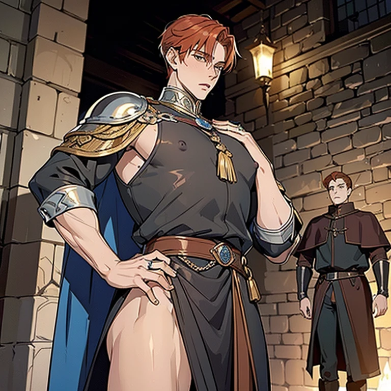 ((A ginger haired tall lean 18 years old English prince inspired by Spanish princess series’ Heinrich VII is wearing erotic medieval leather clothes his nipples piercing the cloth)), ((huge protruding bulge)), NSFW, hentai, porn, the setting is beautiful medieval outside castle, ((youthful face)), he is outside with soldiers in armor,  ((he is wearing rings)), ((he is posing seductively)),