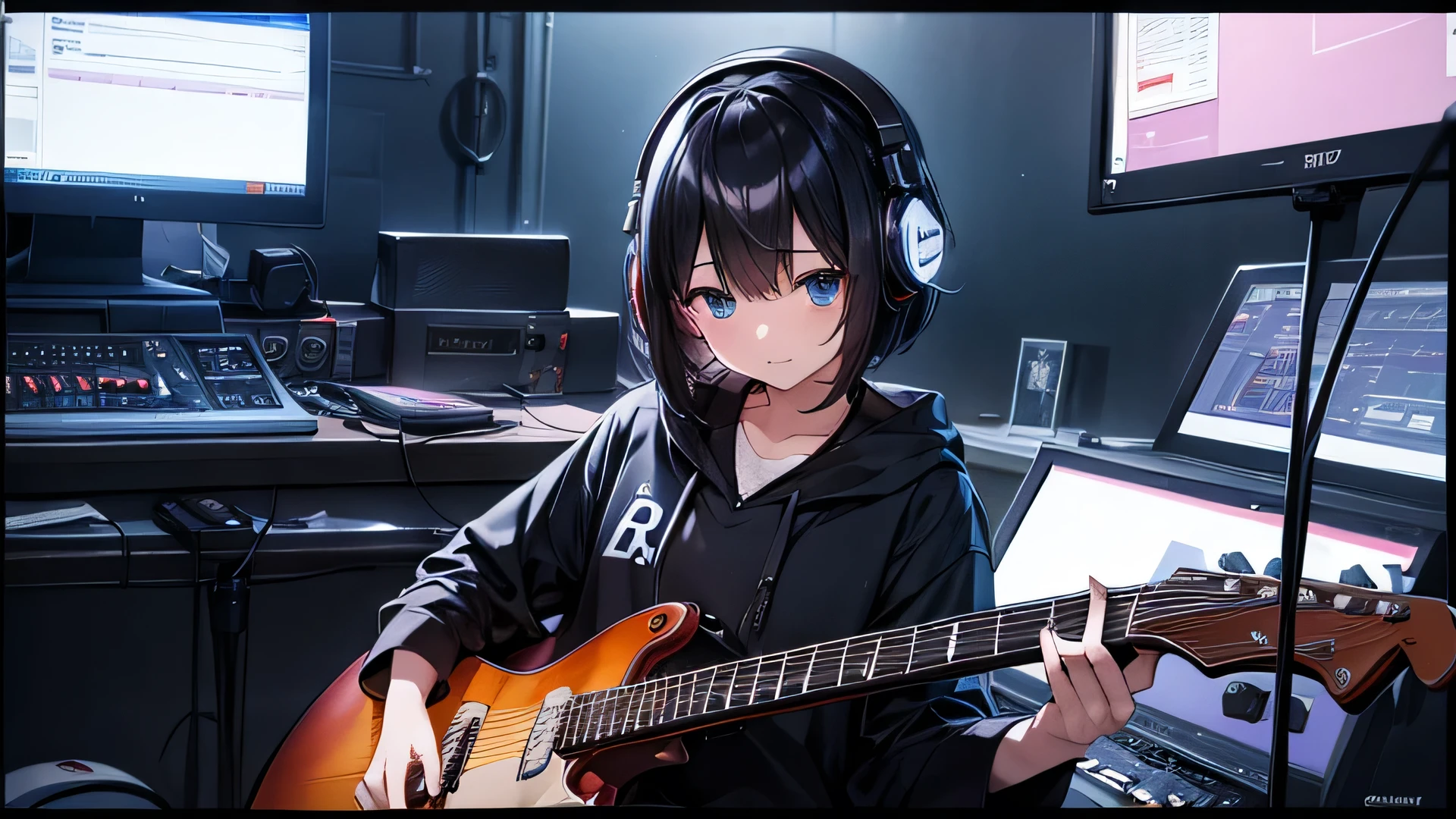 computer、Multiple monitors、Music Production Status、Dimly lit room、Girl typing on keyboard、Put on headphones、I have an electric guitar、Black-haired、Bob Hair、Display drum set on monitor