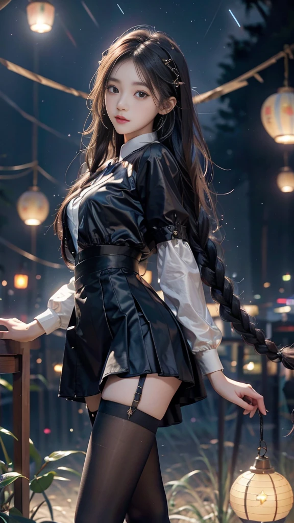 ulzzang-6500-v1.1, (RAW photo: 1.2), (Real photo), (Real photo: 1.4), 1 girl、Perfect anatomy、20 years old、Looking at the camera、Medium length hair、side braids, uniform short skirt, in a surreal royal garden, with many hanging lanterns, under the starry night sky, ((starry night: 1.1))、(Surreal tights: 1.2), (Business service)、Asian eyes Ella,