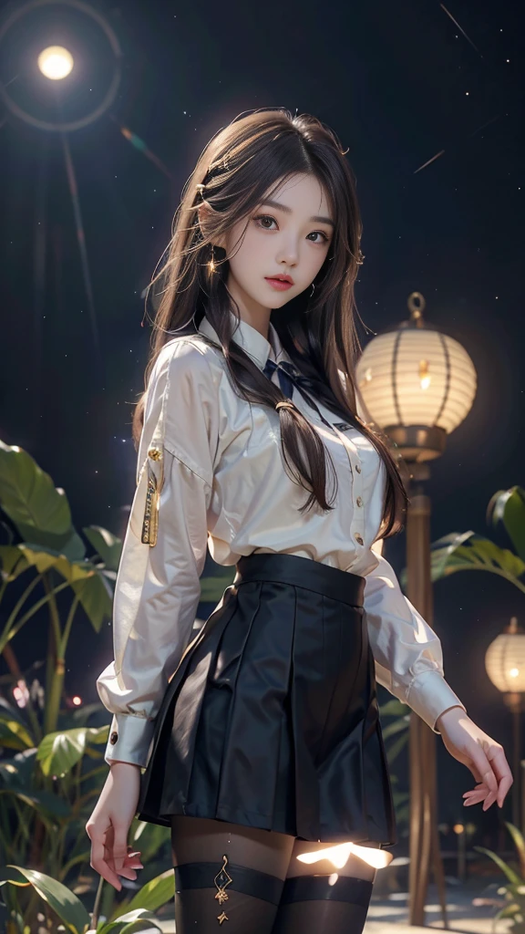 ulzzang-6500-v1.1, (RAW photo: 1.2), (Real photo), (Real photo: 1.4), 1 girl、Perfect anatomy、20 years old、Looking at the camera、Medium length hair、side braids, uniform short skirt, in a surreal royal garden, with many hanging lanterns, under the starry night sky, ((starry night: 1.1))、(Surreal tights: 1.2), (Business service)、Asian eyes Ella,