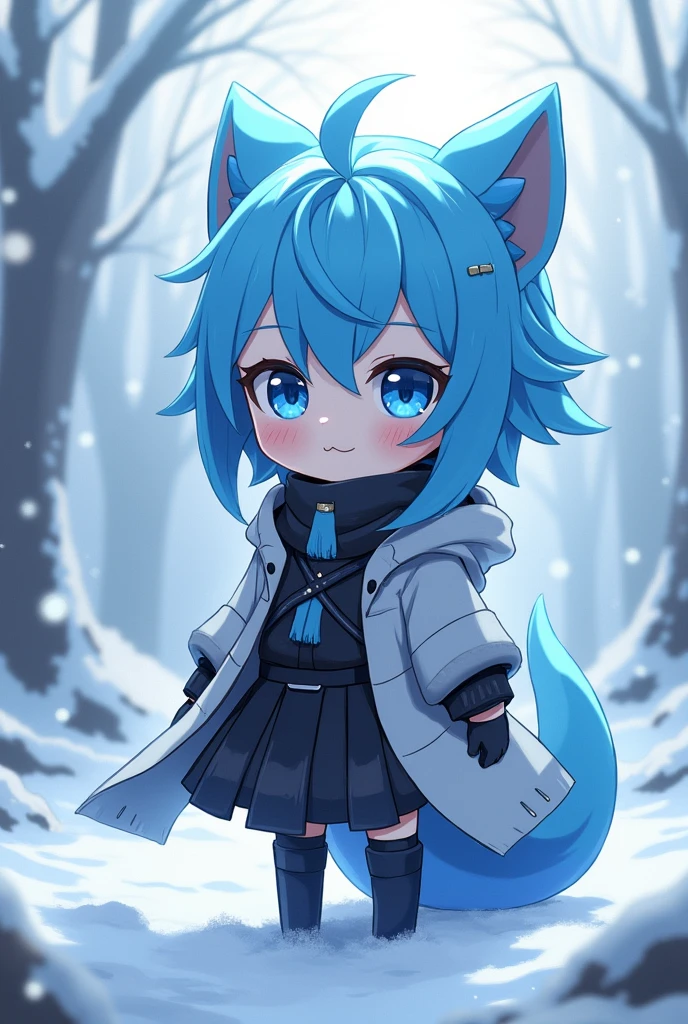 anime,Change ,Whole body, by the wide, blue fur, blue eyes, black and white clothes, small stature snowy place background