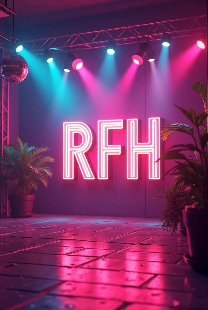 Generate a YouTube banner for me that has the RFH initials and a disco in the background