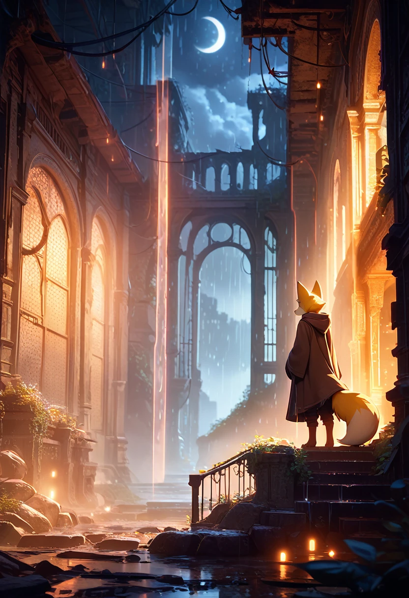 masterpiece, best quality, 4K,Ultra-delicate, Shota the fox, solo, Skin fur, Golden fur, Golden yellow face fur, Red eyes, Brown elements on fur, Brown coat brown hood up, Beautiful lights and shadows, Ambient light, Ultra-fine fur, natural lighting, Fluffy tail, Dilapidated building, Plant elements in ruins, Night, starry sky, Shiny hair(moon full, meteors)Star cloud, Warm light source, Rained, wet clothes(overcast sky, Standing downpour)Extra-long sleeves, Purple and orange, Complicated details, Volumetric lighting, Dynamic configuration, luminous lighting, Atmospheric lighting, dream magical, magic, Glowing light,