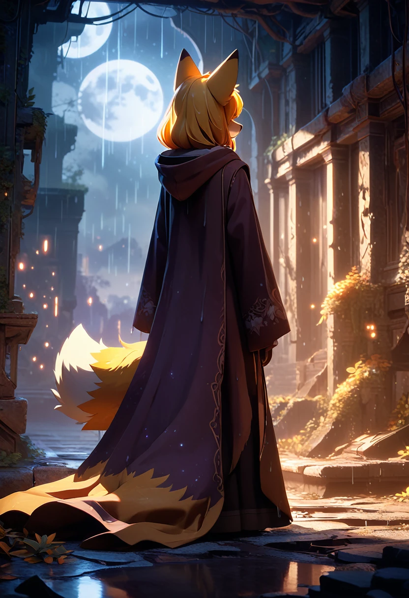 masterpiece, best quality, 4K，Ultra-delicate, Shota the fox, solo, Skin fur, Golden fur, Golden yellow face fur, Red eyes, Brown elements on fur, Brown coat brown hood up, Beautiful lights and shadows, Ambient light, Ultra-fine fur, natural  lighting, Fluffy tail, Dilapidated building, Plant elements in ruins, Night, starry sky, Shiny hair(moon full, meteors)Star cloud, Warm light source, Rained, wet clothes(overcast sky, Standing downpour)Extra-long sleeves, Purple and orange, Complicated details, Volumetric lighting, Dynamic configuration, luminous lighting, Atmospheric lighting, dream magical, magic, Glowing light,