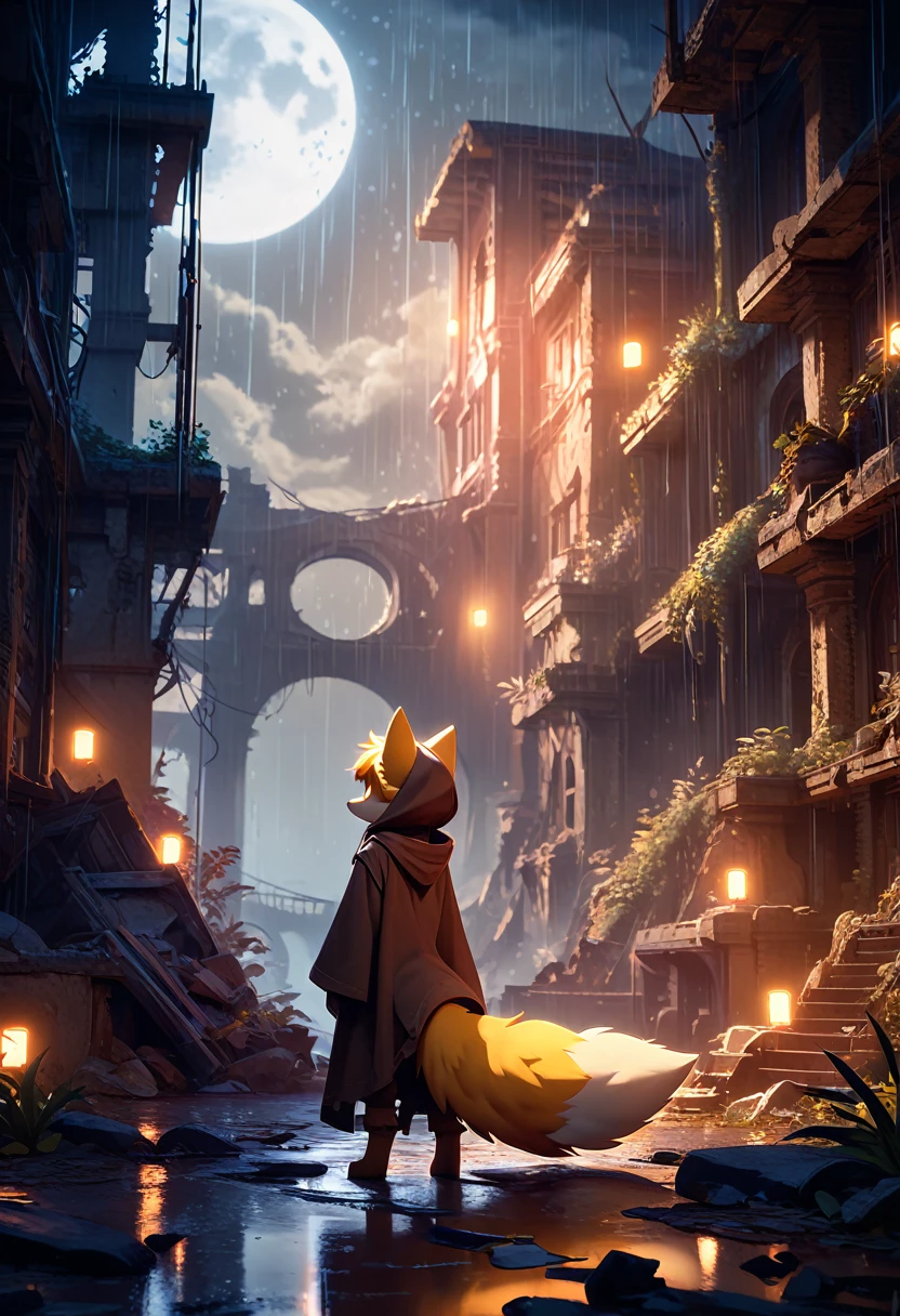 masterpiece, best quality, 4K,Ultra-delicate, Shota the fox, solo, Skin fur, Golden fur, Golden yellow face fur, Red eyes, Brown elements on fur, Brown coat brown hood up, Beautiful lights and shadows, Ambient light, Ultra-fine fur, natural lighting, Fluffy tail, Dilapidated building, Plant elements in ruins, Night, starry sky, Shiny hair(moon full, meteors)Star cloud, Warm light source, Rained, wet clothes(overcast sky, Standing downpour)Extra-long sleeves, Purple and orange, Complicated details, Volumetric lighting, Dynamic configuration, luminous lighting, Atmospheric lighting, dream magical, magic, Glowing light,