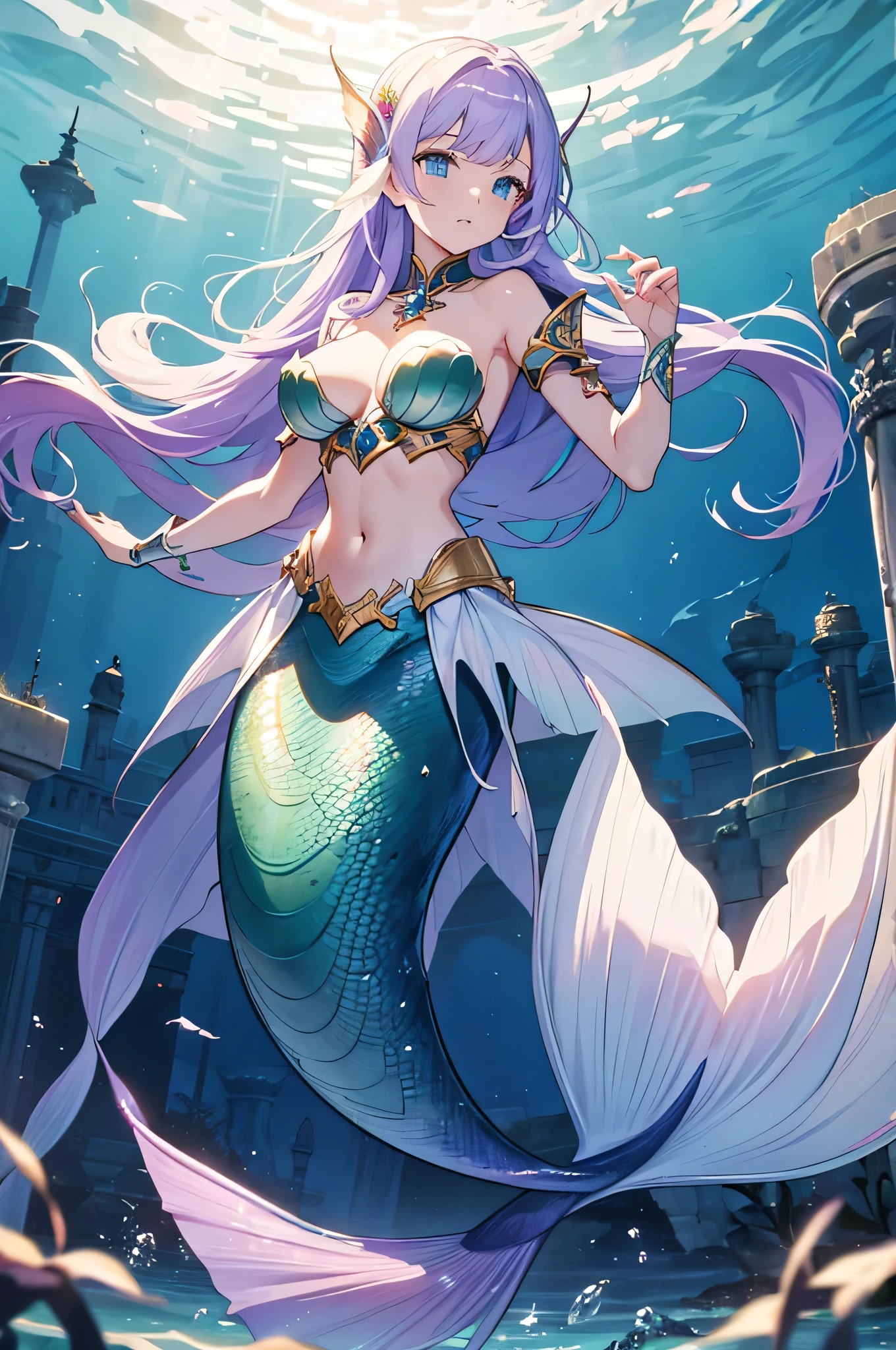 4K,High resolution,One Woman,Mermaid,White purple hair,long hair,Blue Eyes,Big Breasts,Green scales,The Little Mermaid,Princess Knight,White knight armor,Full Armor,Jewelry decoration,Pearl decoration,Long sword,In the sea,In the water,underwater temple