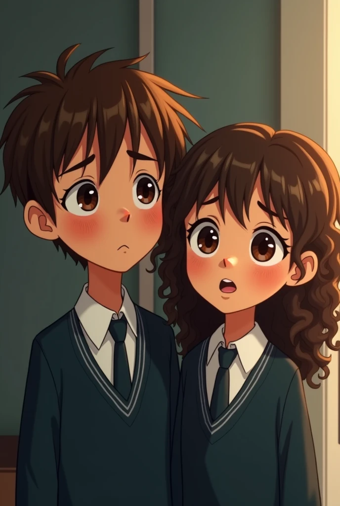 create an image of a boy with straight brown hair, brown eyes, like the boy from Chiquititas, and a girl with curly brown hair, of average height, dark eyes and light brown skin. They are and must be crying, and the boy also has a boarding school uniform.