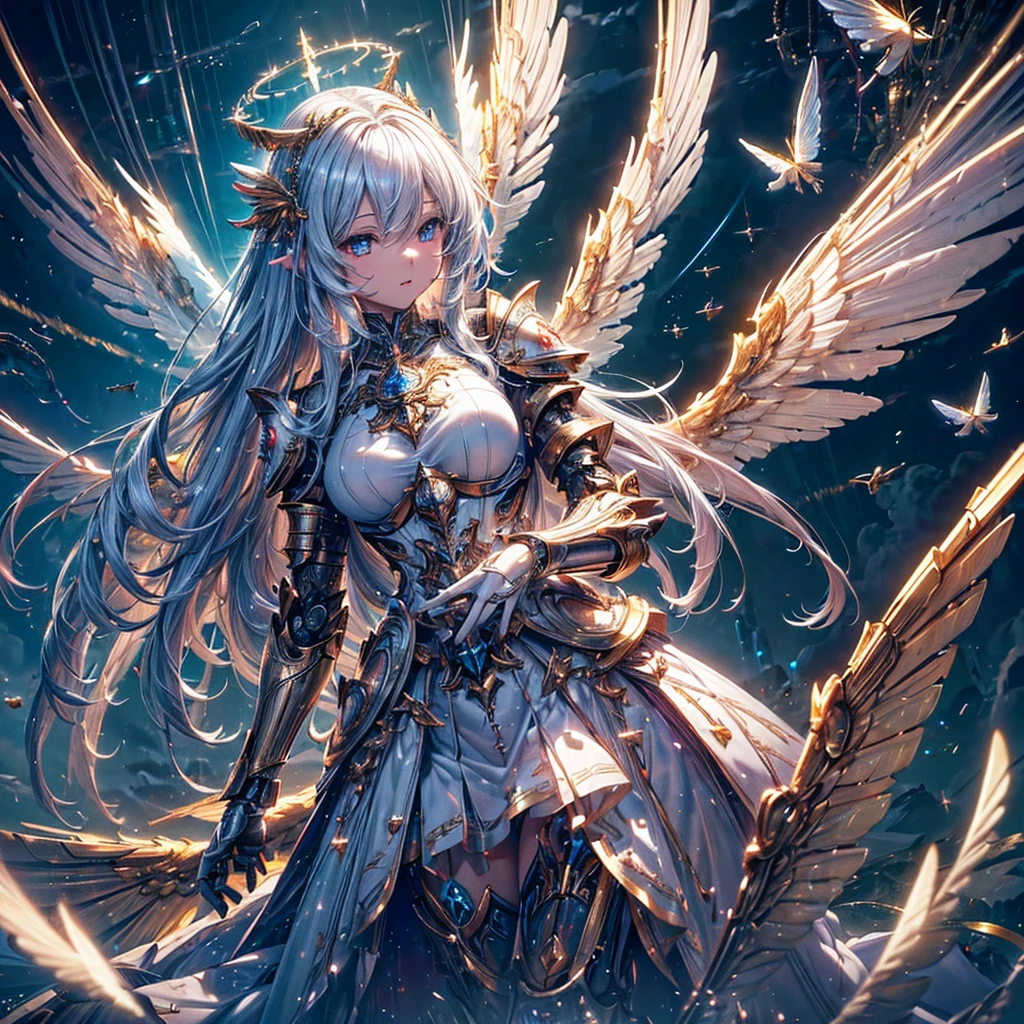 masterpiece, 8K wallpaper incorporating highly detailed CG, 8K Ultra HD, Digital SLR, high quality, clean, ((A goddess in white mechanical armor with large wings, godly aura, magic, fly in the sky)), Glowing Eyes, Cinema Lighting, 超High resolution, 超High resolution, High resolution,Huge golden halo